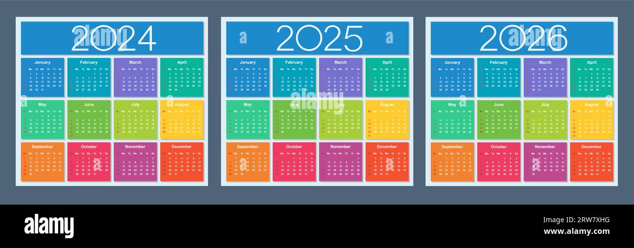 Colorful calendar for 2024, 2025 and 2026 years. Week starts on Sunday