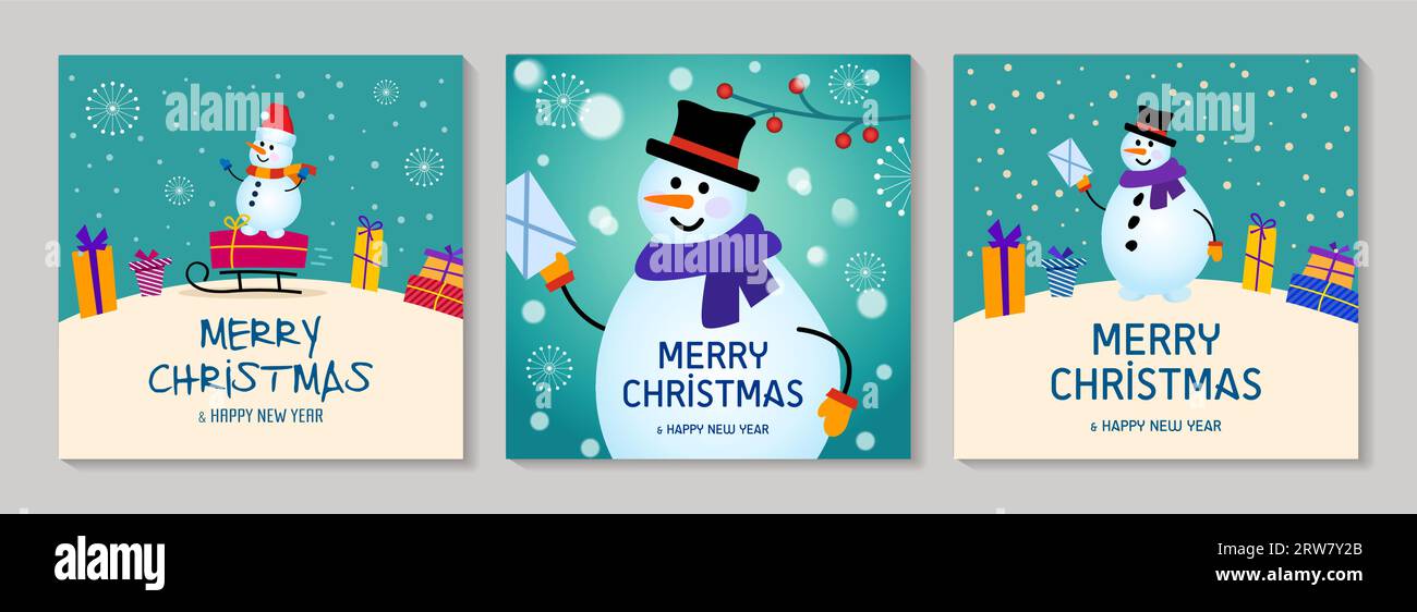 Color Merry Christmas cards. postman snowman brings a congratulatory