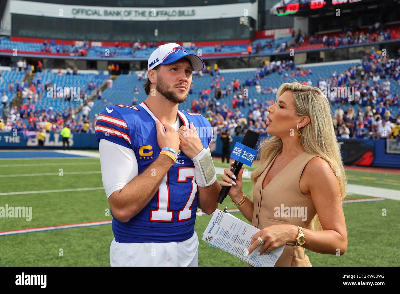 Buffalo Bills quarterback Josh Allen (17) does an interview after an NFL  football game against the Las Vegas Raiders, Sunday, Sept. 17, 2023, in  Orchard Park, N.Y. The Bills won 38-10. (AP