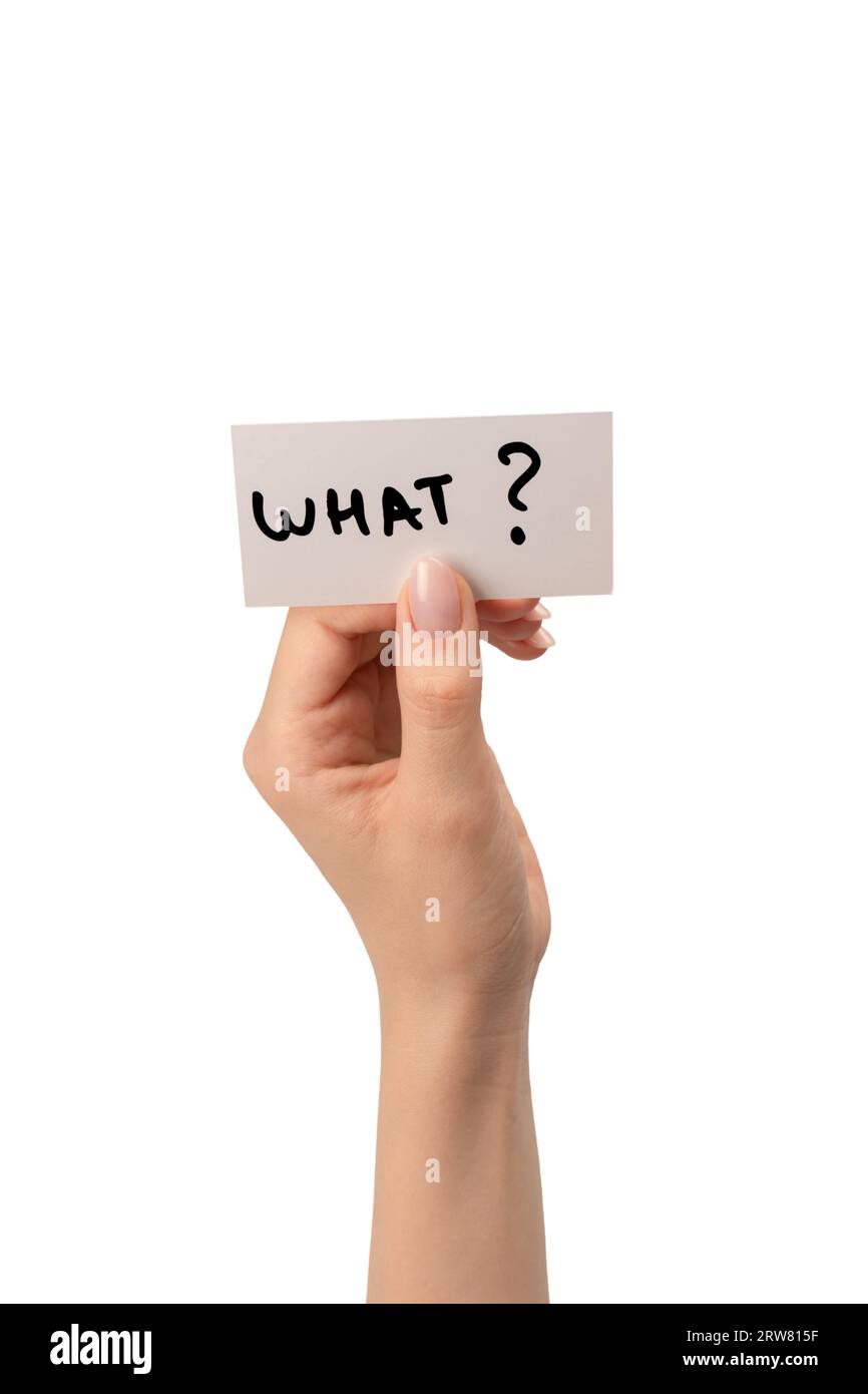 What text on a card in a woman hand isolated on a white background. Stock Photo
