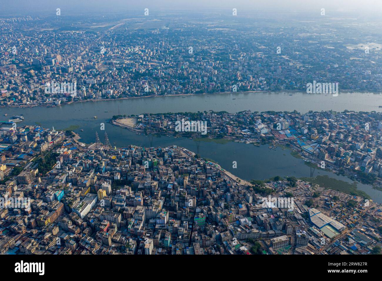 Dhaka, Bangladesh - October 15, 2023: Aerial view of Dhaka city and the Buriganga River. Stock Photo