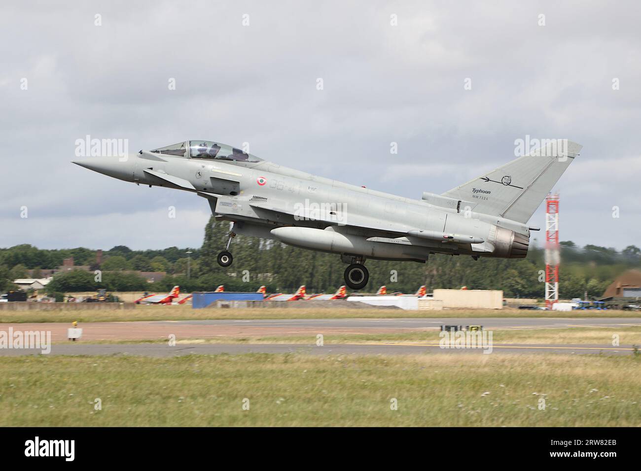 MM7324/36-41, a Eurofighter F-2000A Typhoon operated by 36º Stormo of the Italian Air Force, arriving at RAF Fairford in Gloucestershire, England to participate in the Royal International Air Tattoo 2023 (RIAT 23). Stock Photo