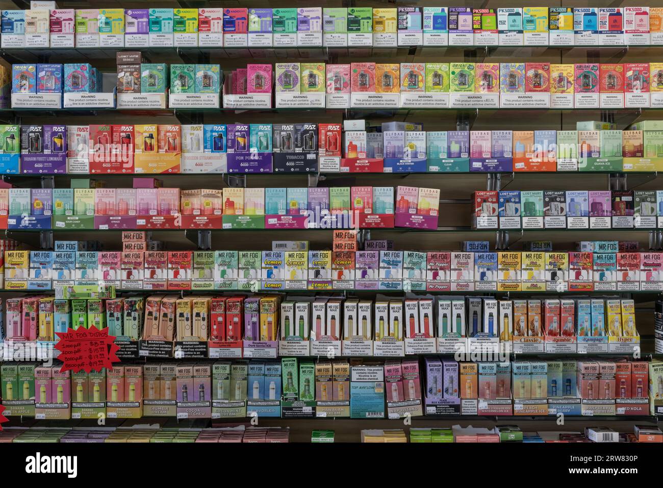 Lafayette - September 15, 2023: Flavored Vape Juices. The FDA is considering vaping regulations to deter children from getting addicted to nicotine. Stock Photo