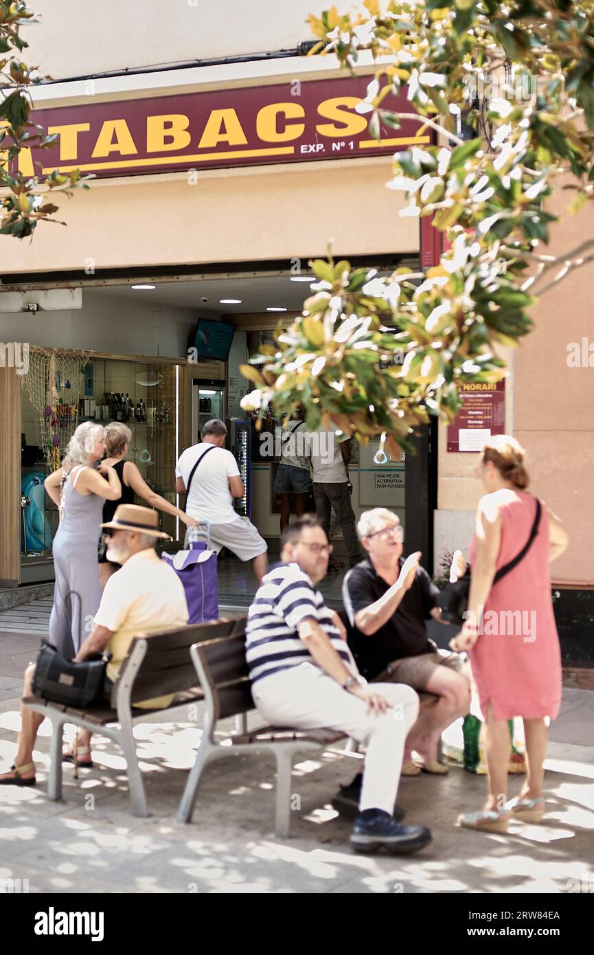 Viladecans, Spain - September 17, 2023: Exterior of a tobacco shop in Catalonia with the sign of a Spanish public tobacconist in Catalan 'Tabacs' Stock Photo