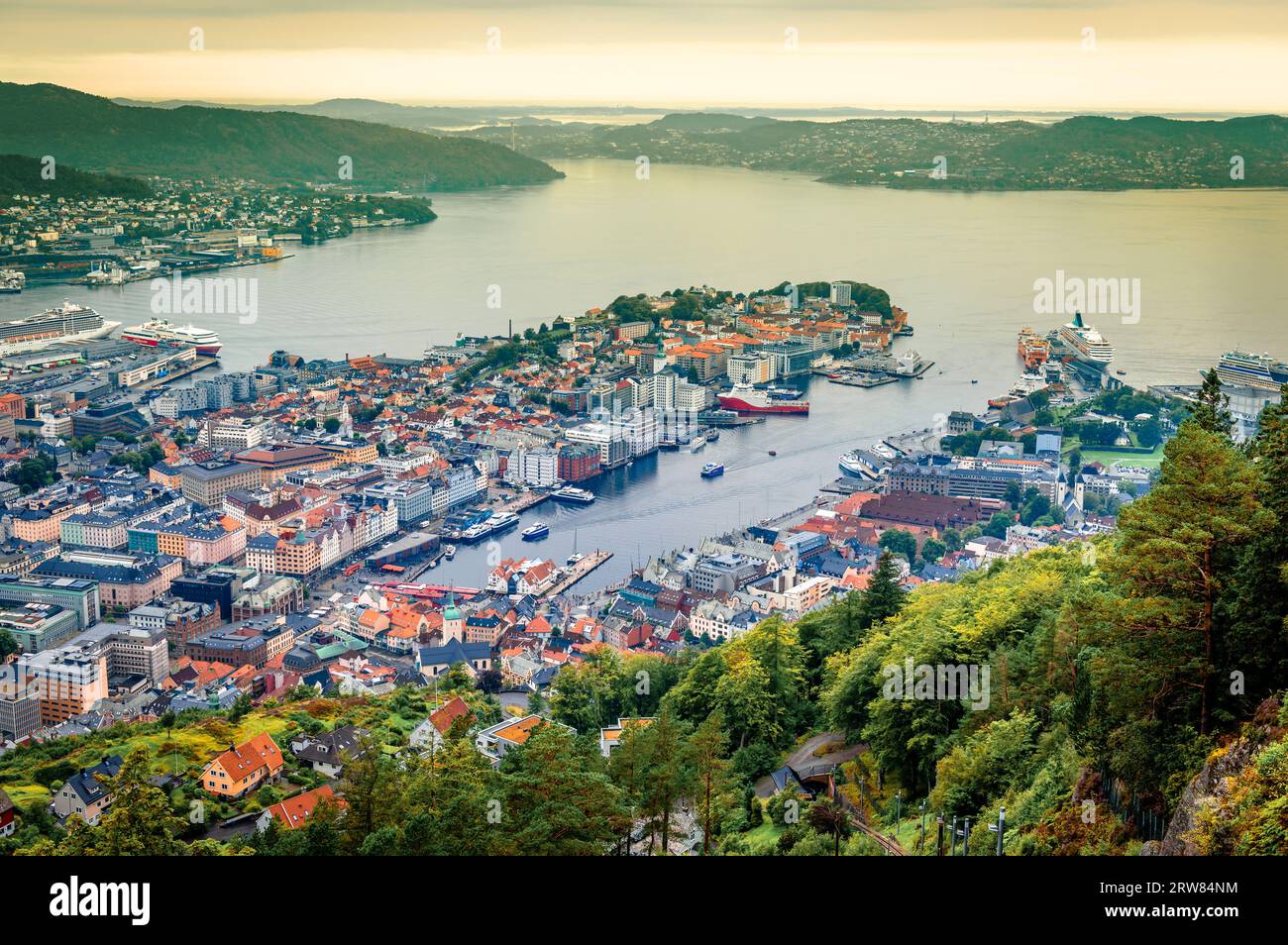 Panorama of Bergen, Norway, seen from Mt. Floyen viewpoint. Stock Photo