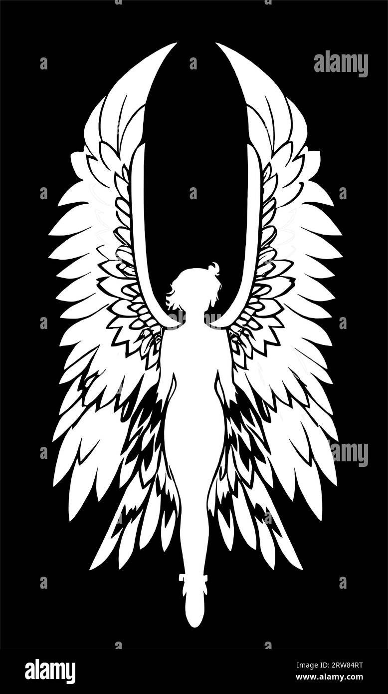 black and white graphic drawing angel, girl with wings, design Stock Photo
