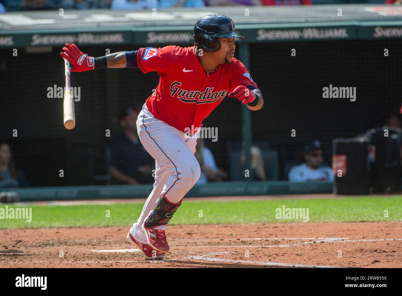 Cleveland Guardians' Jose Ramirez bats against the Seattle Mariners during  the first inning of a baseball game, Friday, April 7, 2023, in Cleveland.  (AP Photo/Ron Schwane Stock Photo - Alamy