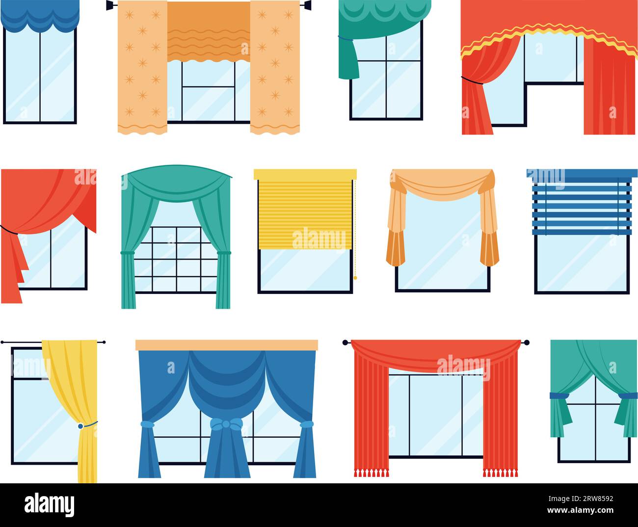 Window curtains and blinds. Isolated windows with fabric decor, flat interior decorative design. Modern and retro drapes decent vector set Stock Vector