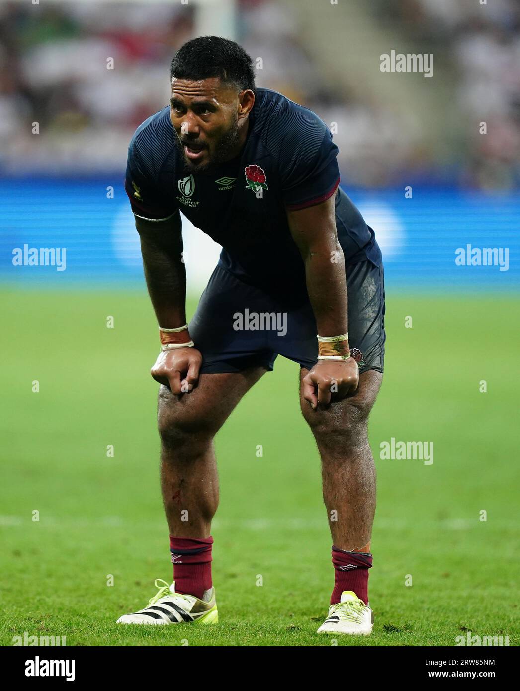England's Manu Tuilagi looks on during the Rugby World Cup 2023, Pool D match at the Stade De Nice, France. Picture date: Sunday September 17, 2023. Stock Photo