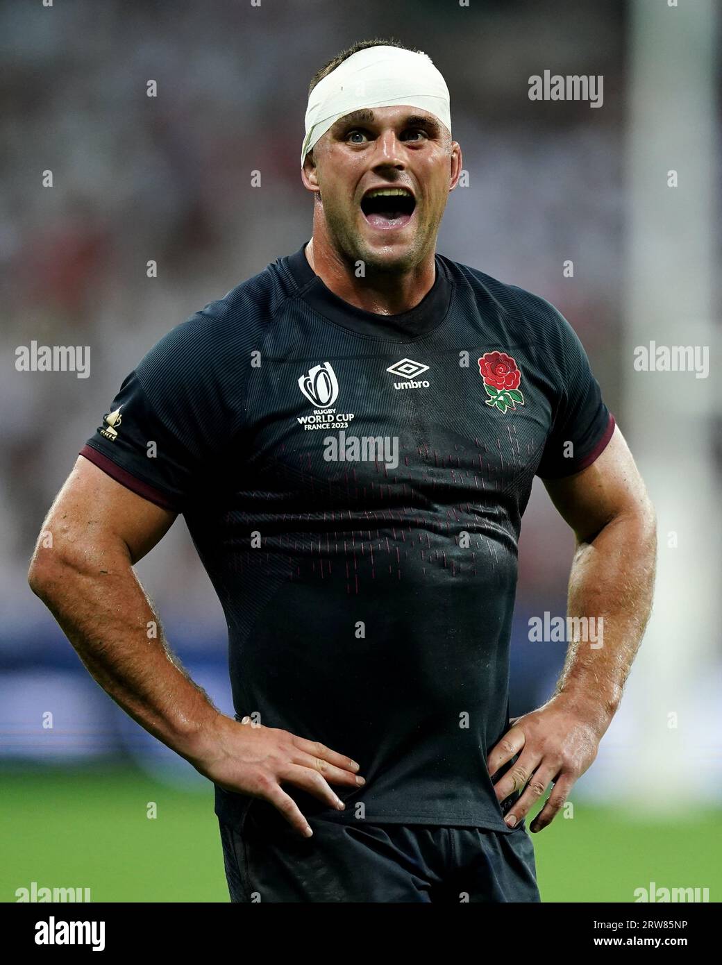 England's Ben Earl reacts during the Rugby World Cup 2023, Pool D match at the Stade De Nice, France. Picture date: Sunday September 17, 2023. Stock Photo