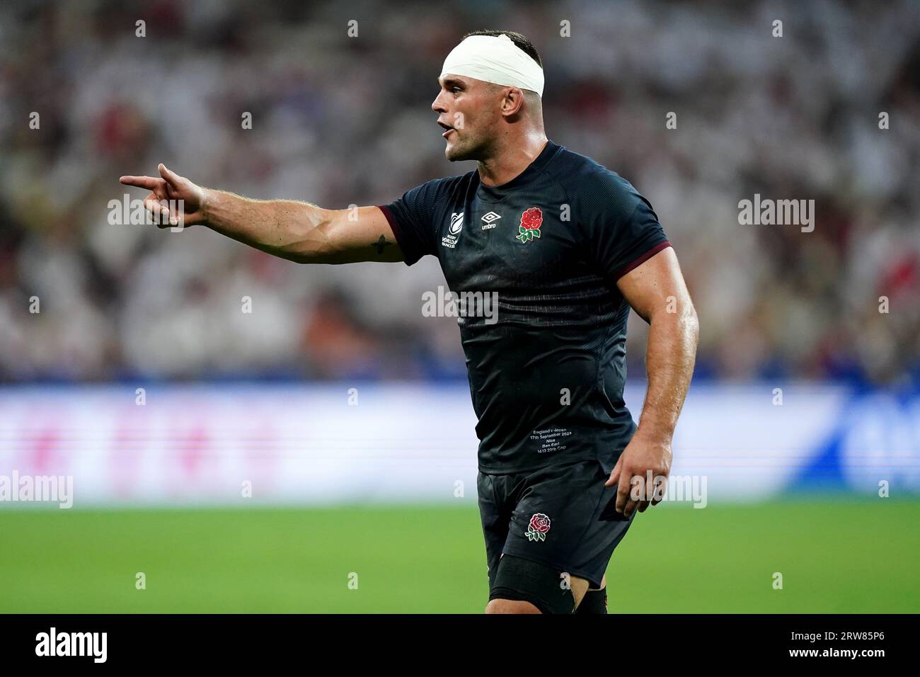 England's Ben Earl reacts during the Rugby World Cup 2023, Pool D match at the Stade De Nice, France. Picture date: Sunday September 17, 2023. Stock Photo