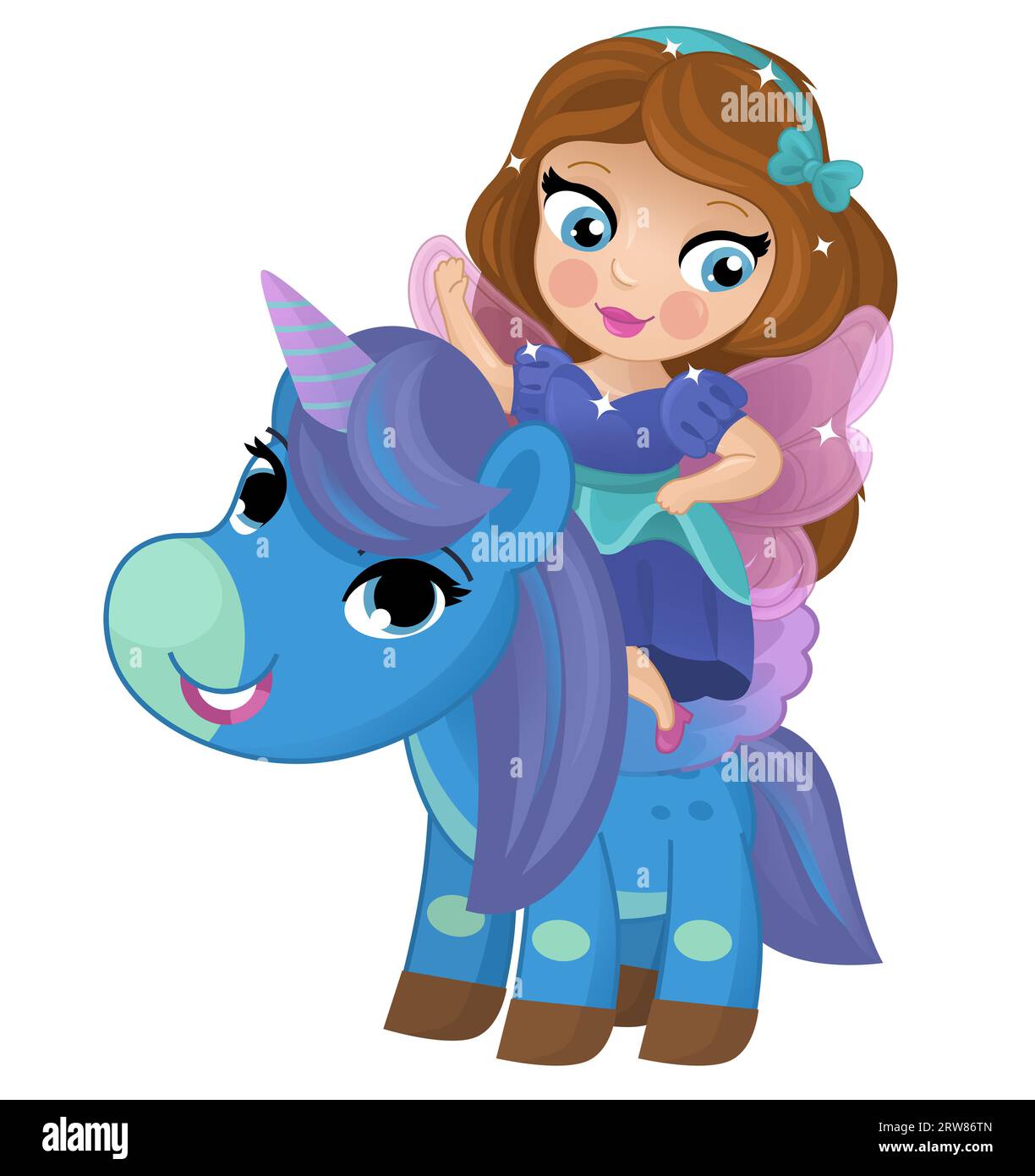 cartoon scene with princess sorceress riding on flying horse pegasus