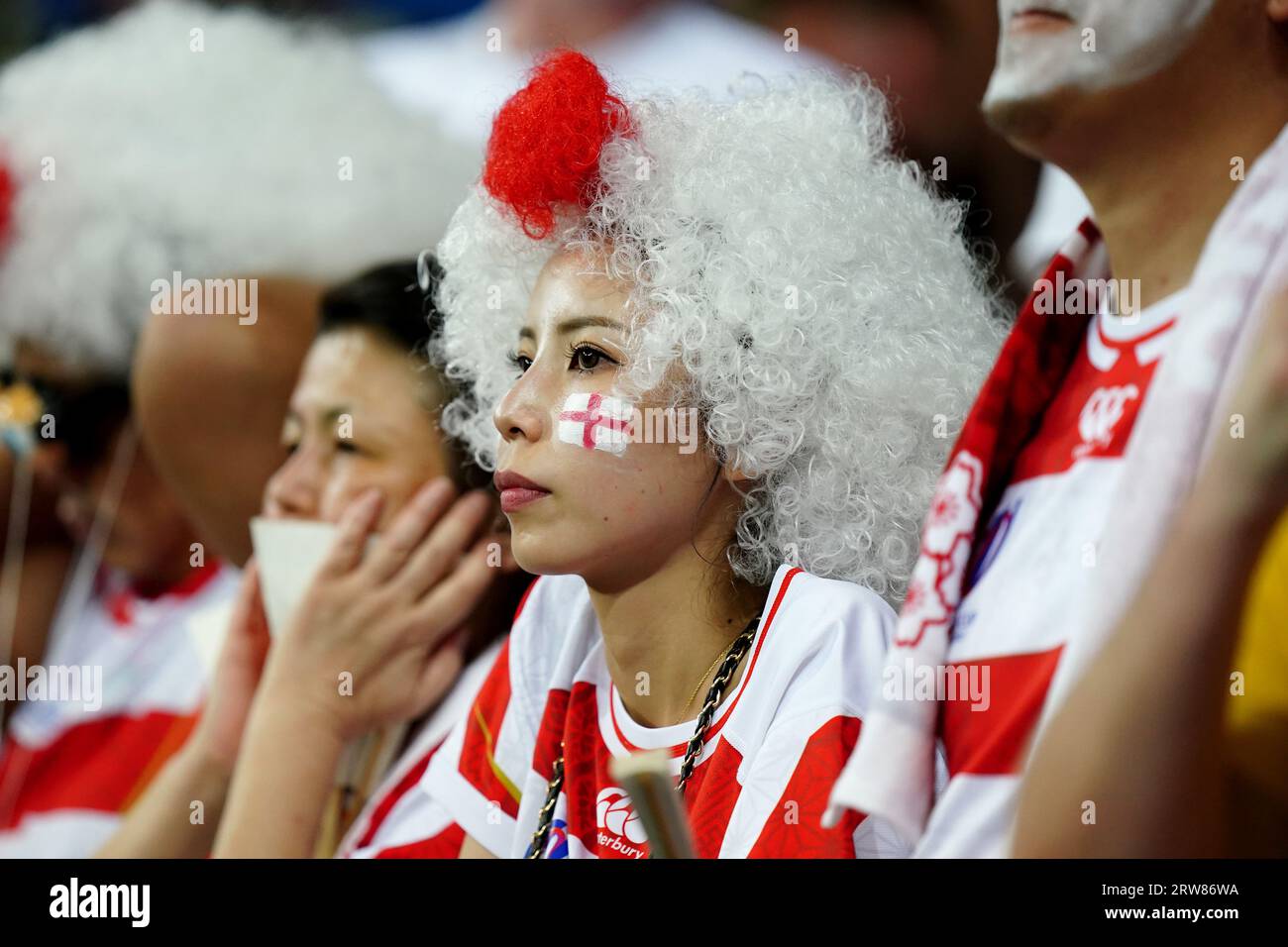 A Japan fan with face paint looks on during the Rugby World Cup 2023, Pool D match at the Stade De Nice, France. Picture date: Sunday September 17, 2023. Stock Photo