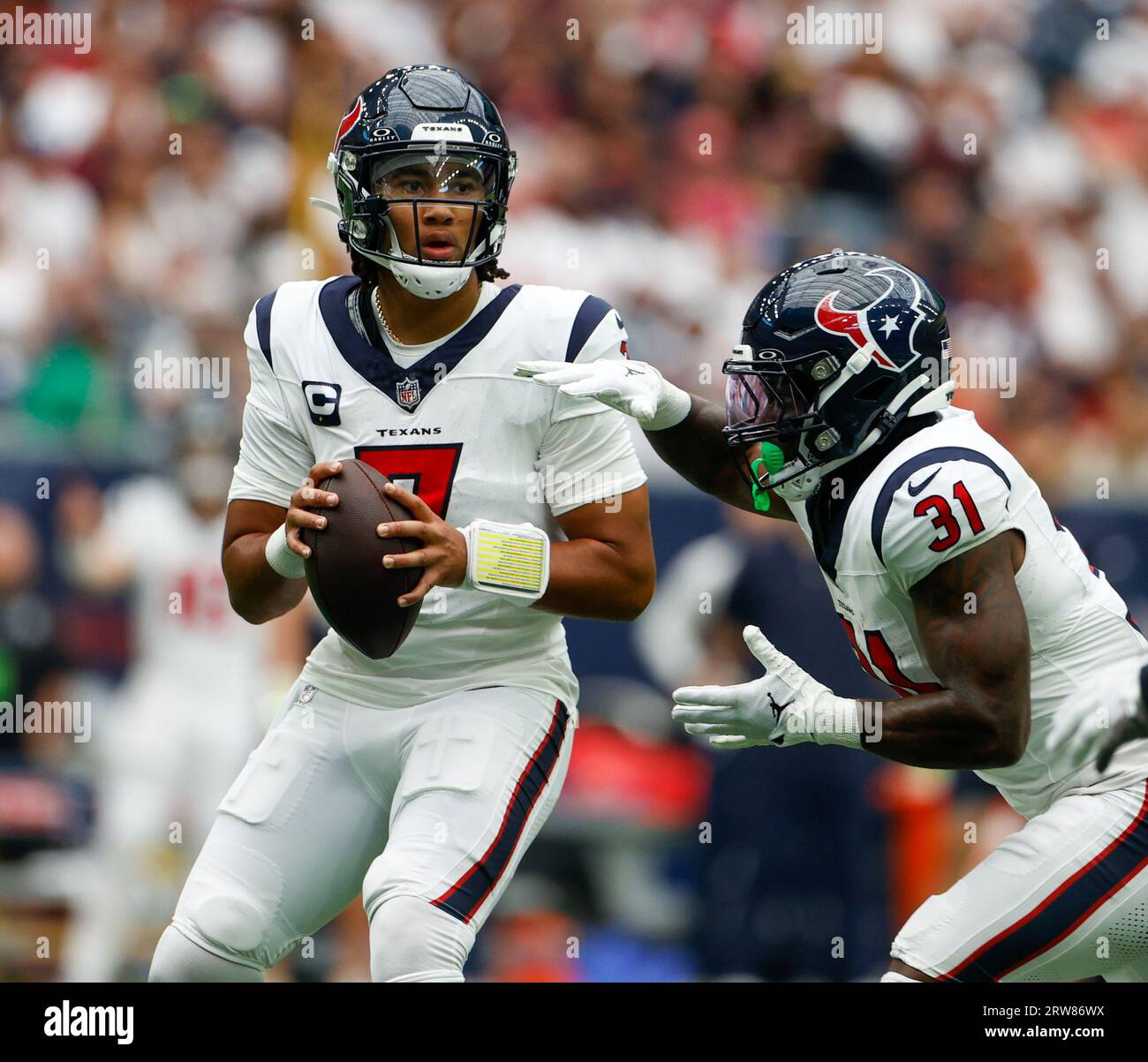 Houston, Texas, USA. September 17, 2023: Texans quarterback C.J. Stroud (7)  looks to pass the ball during an NFL game between the Texans and the Colts  on September 17, 2023 in Houston.