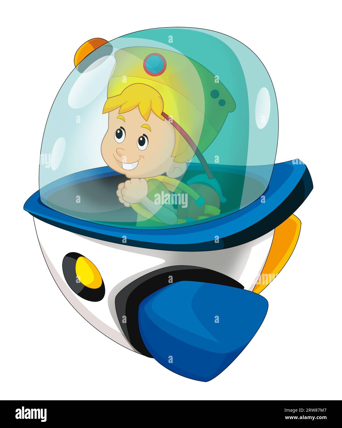 Cartoon kid on a toy funfair space ship or star ship amusement park or playground isolated illustration for kids Stock Photo
