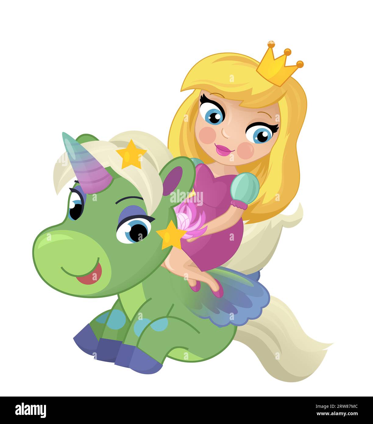 cartoon scene with princess sorceress riding on flying horse pegasus ...