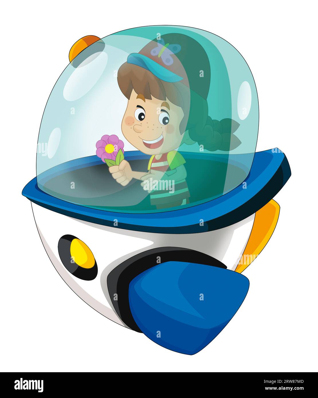 Cartoon kid on a toy funfair space ship or star ship amusement park or playground isolated illustration for kids Stock Photo