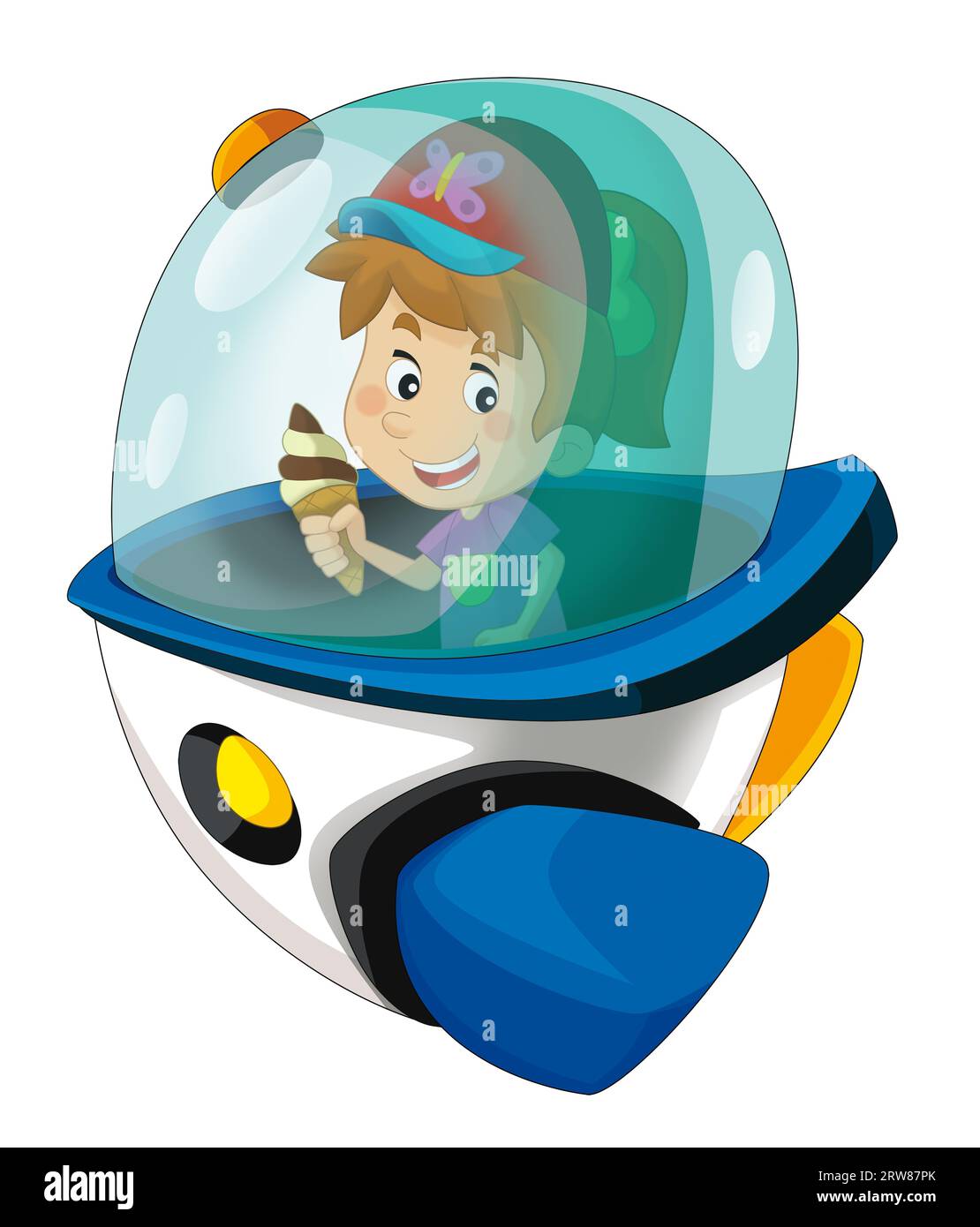 Cartoon kid on a toy funfair space ship or star ship amusement park or playground isolated illustration for kids Stock Photo