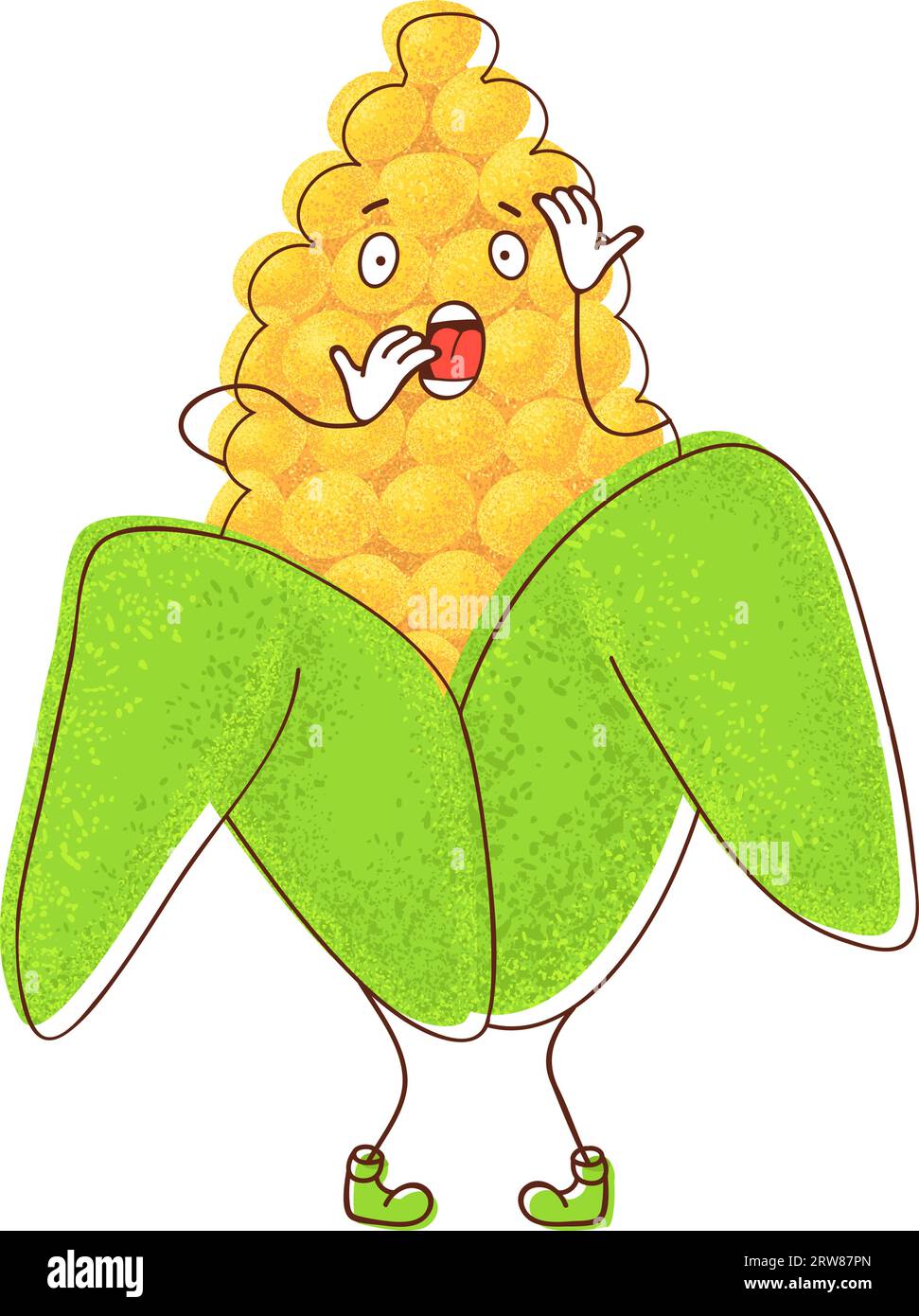 An image capturing the essence of a surprised or shocked corn character. The corn appears amazed and wide-eyed, adding a sense of unexpected wonder to Stock Vector