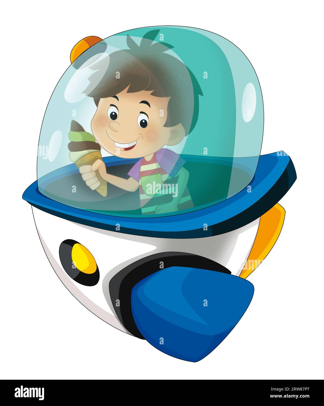 Cartoon kid on a toy funfair space ship or star ship amusement park or playground isolated illustration for kids Stock Photo