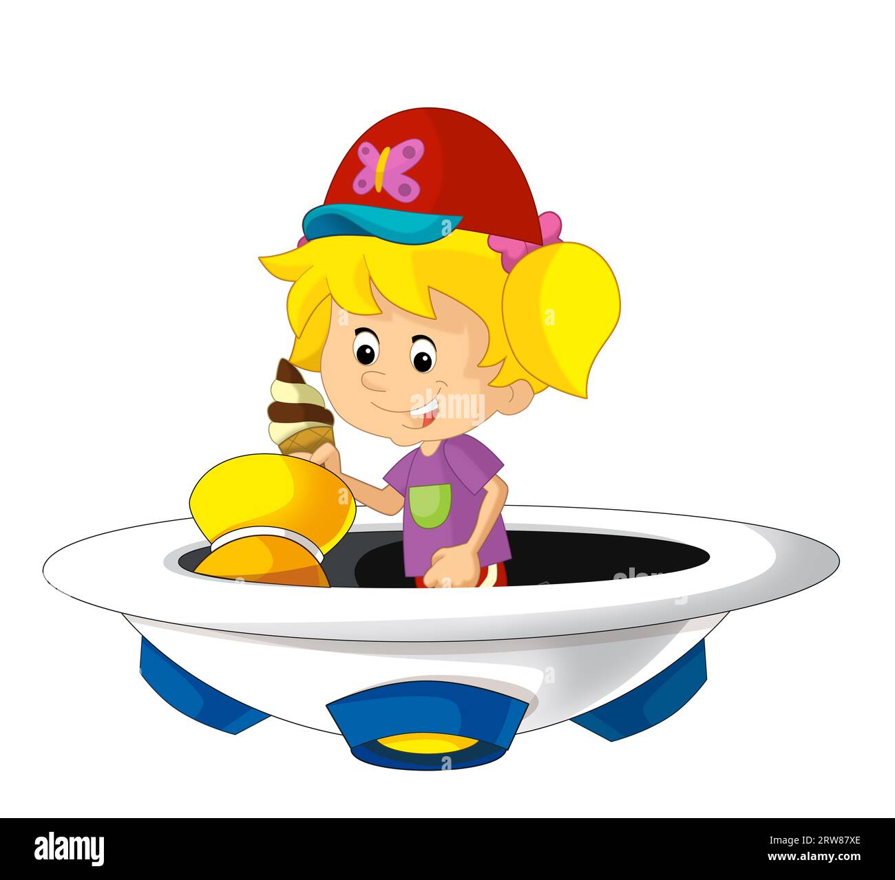 Cartoon kid on a toy funfair space ship or star ship amusement park or playground isolated illustration for kids Stock Photo