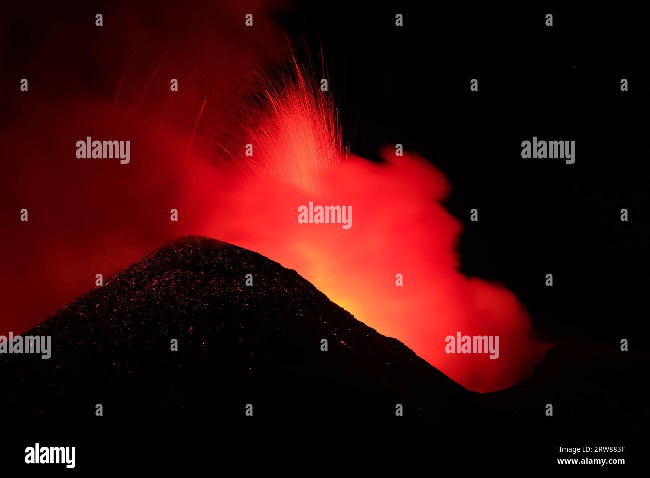Etna volcano in a detail up close view on great nocturne lava eruption