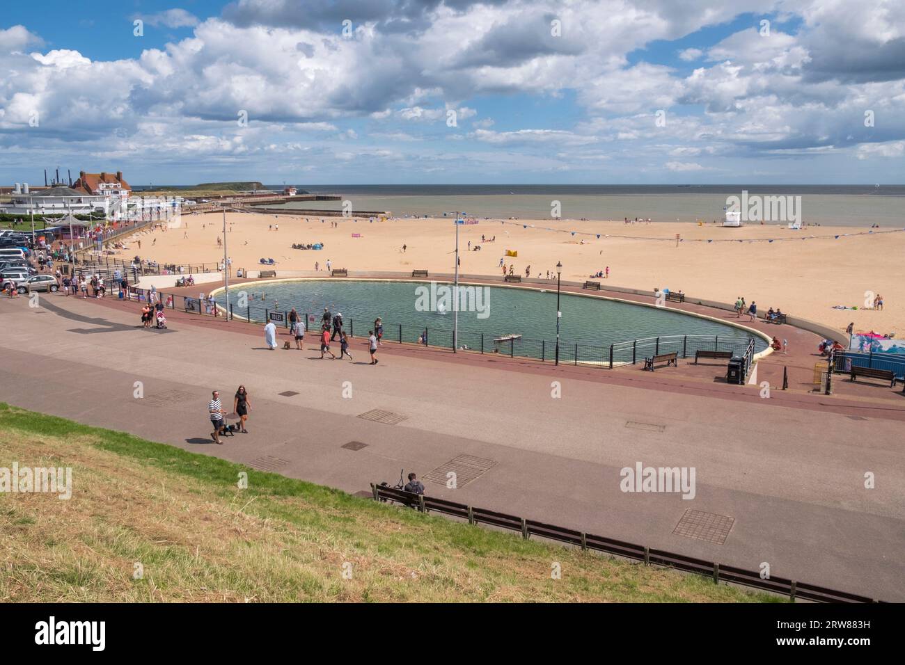 Gorleston on Sea, Norfolk, UK. The Gorleston model boat club pond in the foreground. Stock Photo