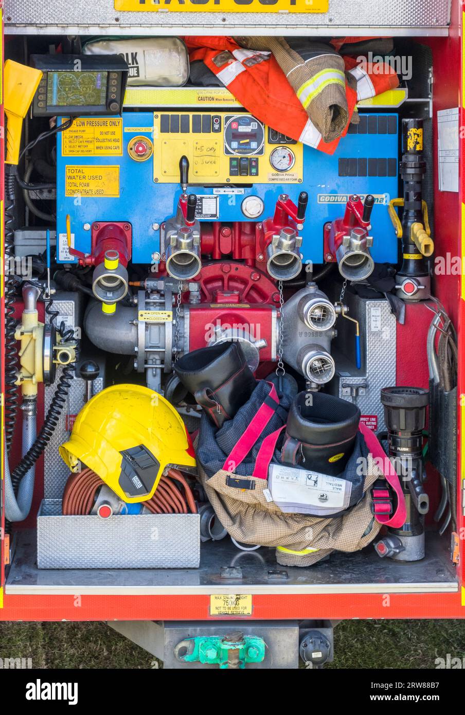 Fire fighting equipment at the rear of a fire appliance / tender. Stock Photo