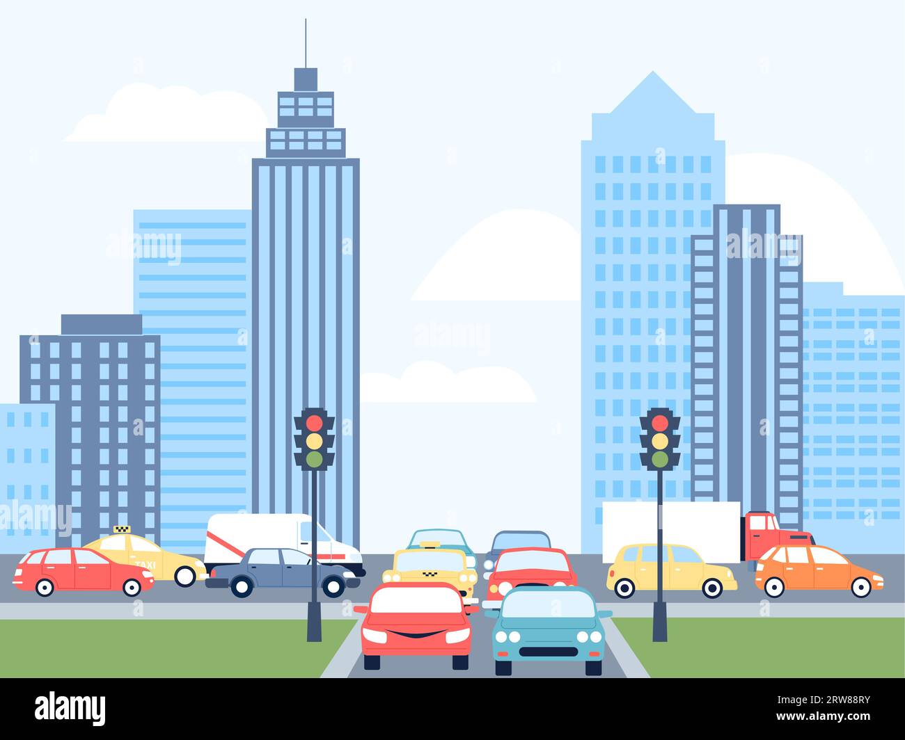City road traffic jam, town vehicles problems on crossroad. Diverse flat cars on highway. Personal and public transportation, recent vector scene Stock Vector
