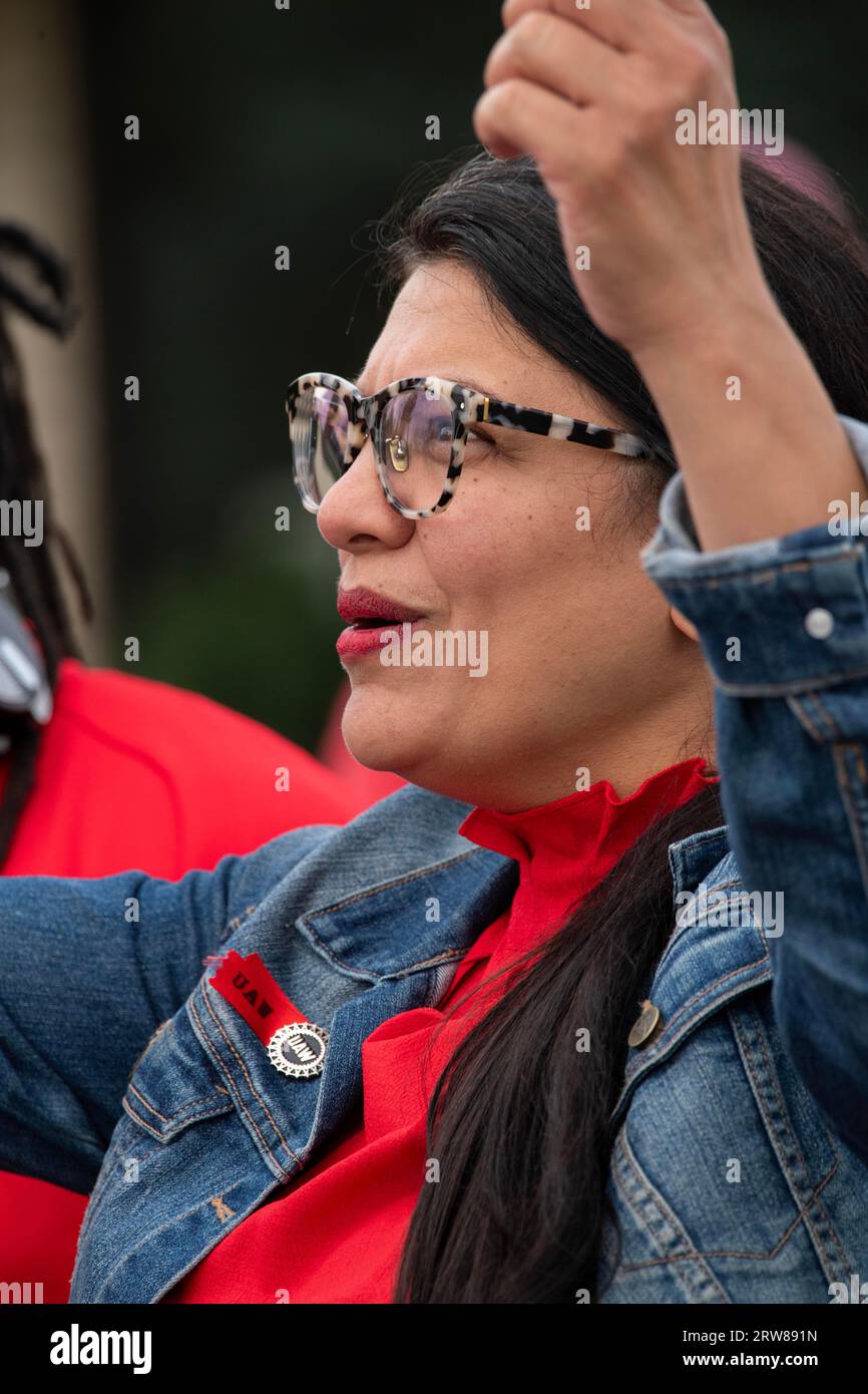 Wayne, Michigan, USA. 17th Sep, 2023. Michigan 12th District Democrat Congresswoman and squad member, Rashida Tlaib, at the Ford Michigan Assembly Plant Strike. (Credit Image: © Mark Bialek/ZUMA Press Wire) EDITORIAL USAGE ONLY! Not for Commercial USAGE! Stock Photo