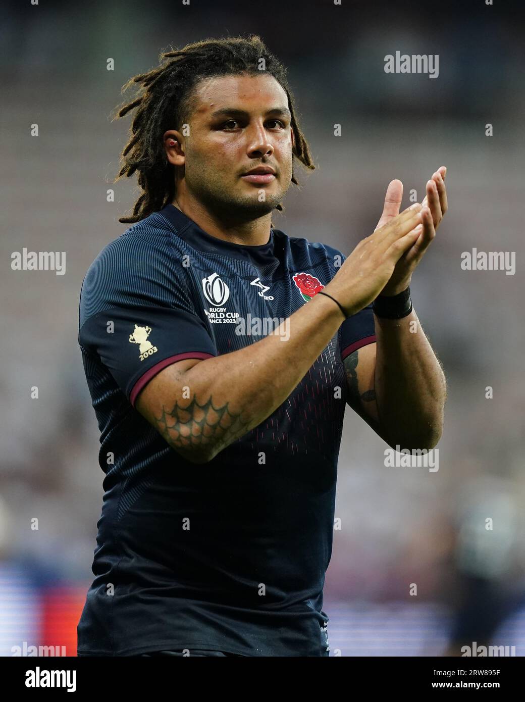 England's Lewis Ludlam applauds supporters following the Rugby World Cup 2023, Pool D match at the Stade De Nice, France. Picture date: Sunday September 17, 2023. Stock Photo