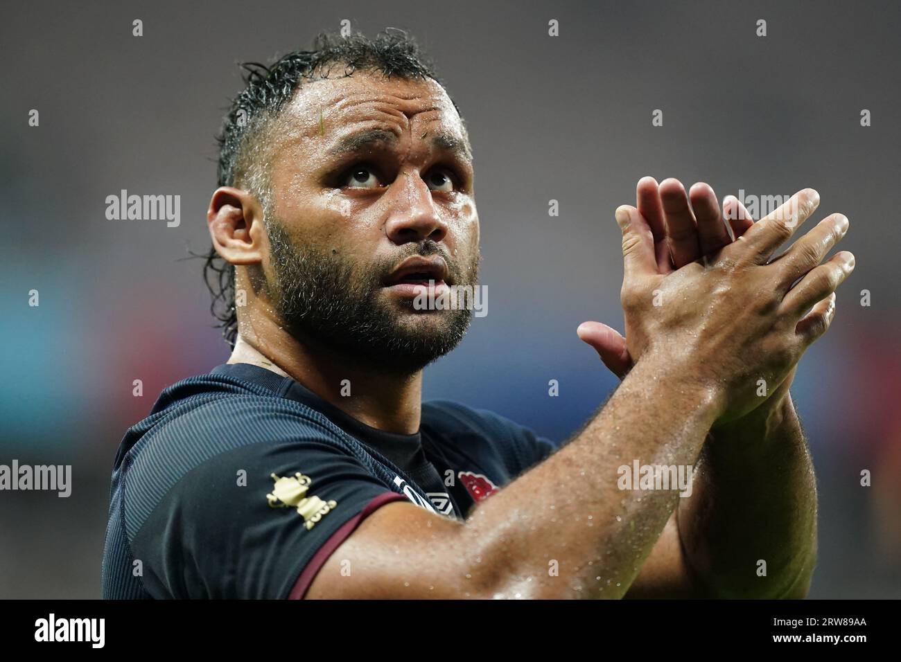 England's Billy Vunipola applauds supporters following the Rugby World Cup 2023, Pool D match at the Stade De Nice, France. Picture date: Sunday September 17, 2023. Stock Photo