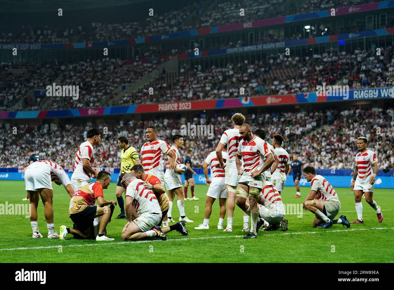 Japan players gather after conceding a try during the Rugby World Cup 2023, Pool D match at the Stade De Nice, France. Picture date: Sunday September 17, 2023. Stock Photo