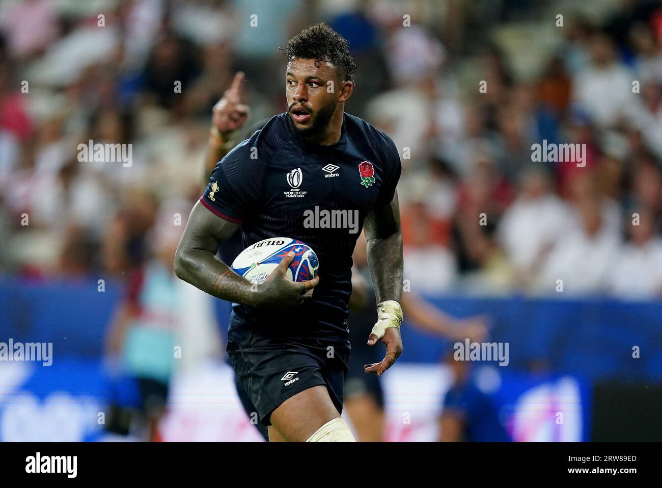 England's Courtney Lawes scores a try during the Rugby World Cup 2023, Pool D match at the Stade De Nice, France. Picture date: Sunday September 17, 2023. Stock Photo