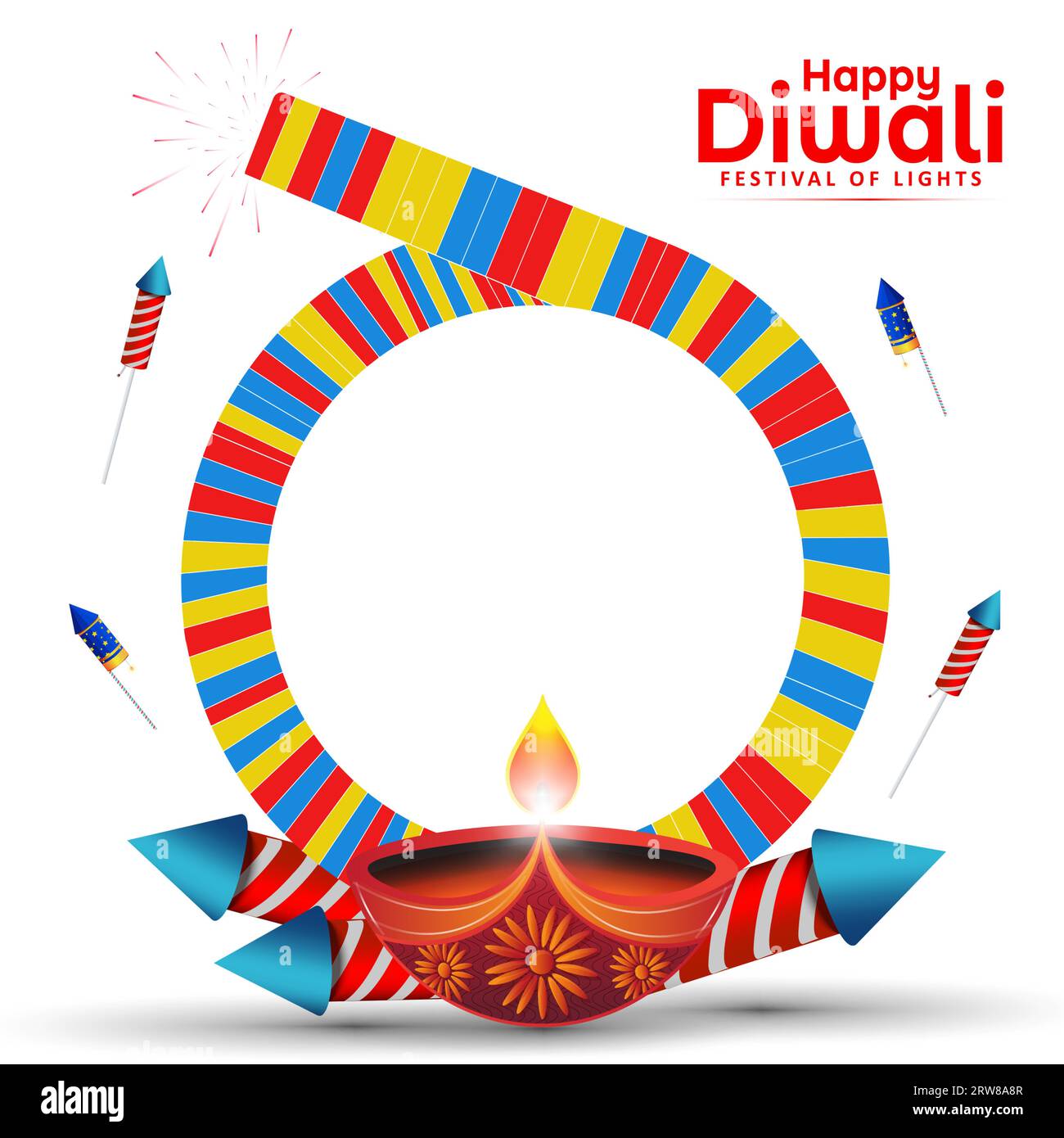 Happy Diwali festival background with diya and firecrackers. Vector