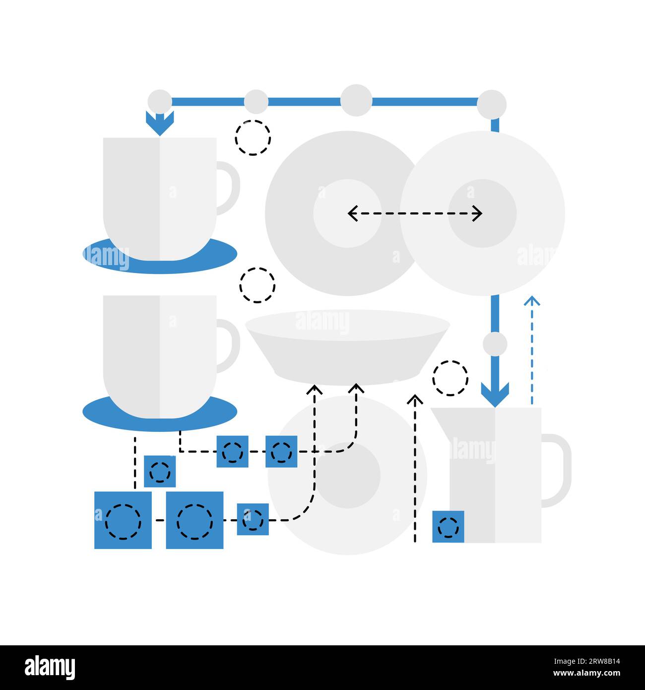 Kitchen food dishes. Plates and cups, kitchen tableware, eating