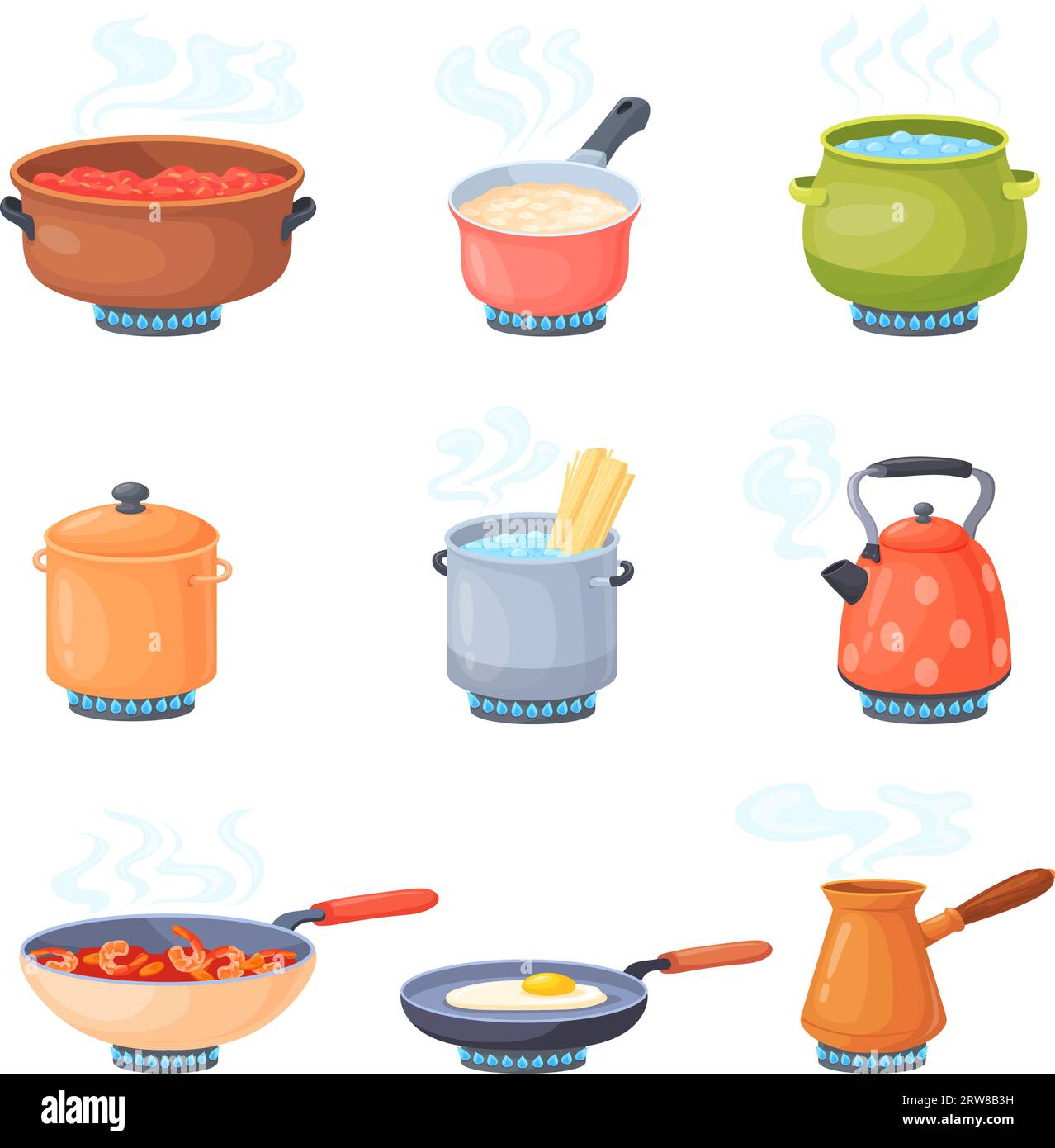 Boiling food on stove. Cooking smell foods pot on cooker with gas fire