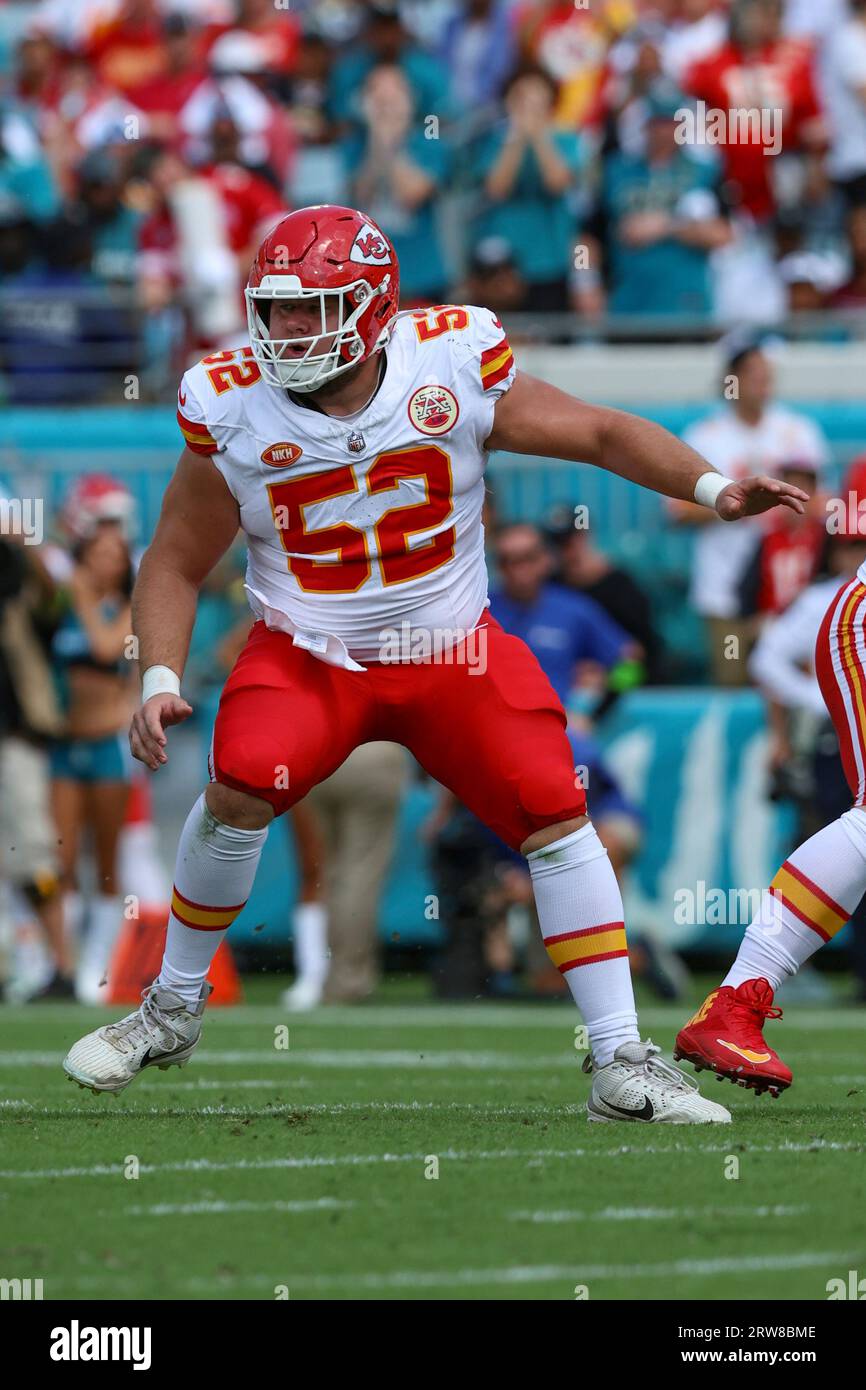 Kansas City Chiefs center Creed Humphrey (52) in action during an NFL  football game against the Jacksonville Jaguars, Sunday, Sept. 17, 2023, in  Jacksonville, Fla. (AP Photo/Gary McCullough Stock Photo - Alamy