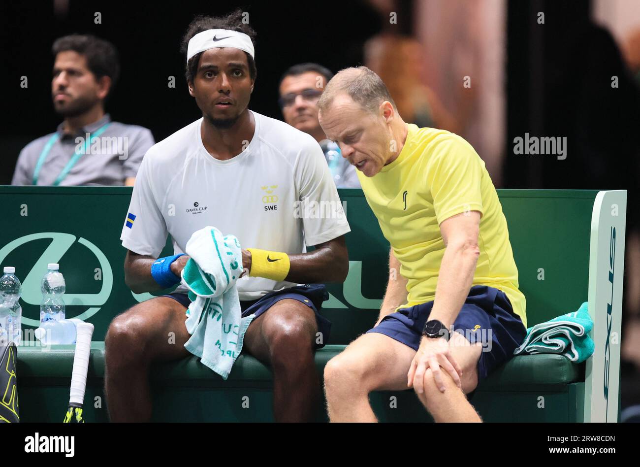 Bologna, Italy. 17th Sep, 2023. Elias Ymer and Robin Soderling captain of Sweden team during the Italy vs Sweden - Finals group A match Lorenzo Sonego (ITA) vs Elias Ymer (SWE) at Unipol Arena - sport, tennis - September 17, 2023, Bologna, Italy - photo. c.b. Credit: Independent Photo Agency/Alamy Live News Stock Photo