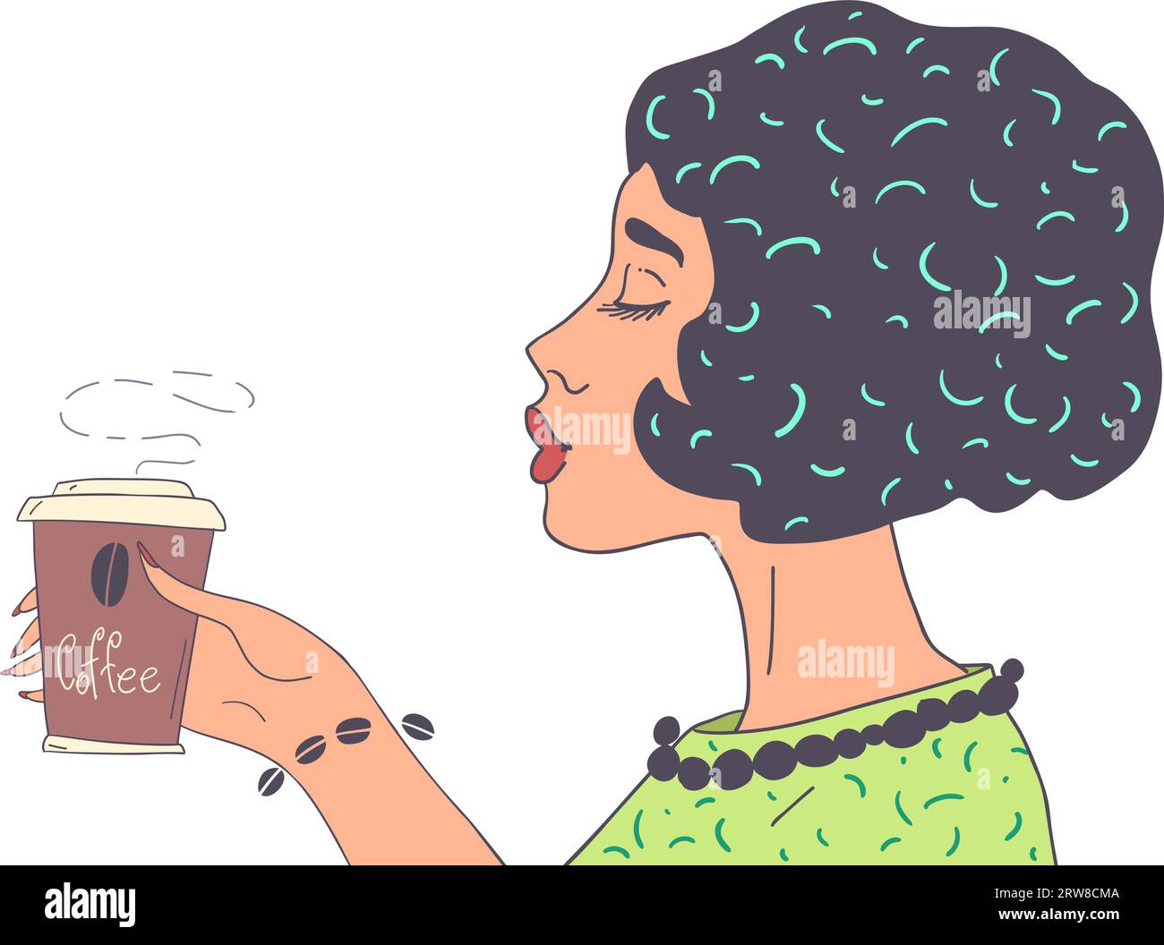 Snack bar with delicious and hot drinks. Delicious coffee in the morning. A womans hand holds a cup of coffee. Stock Vector