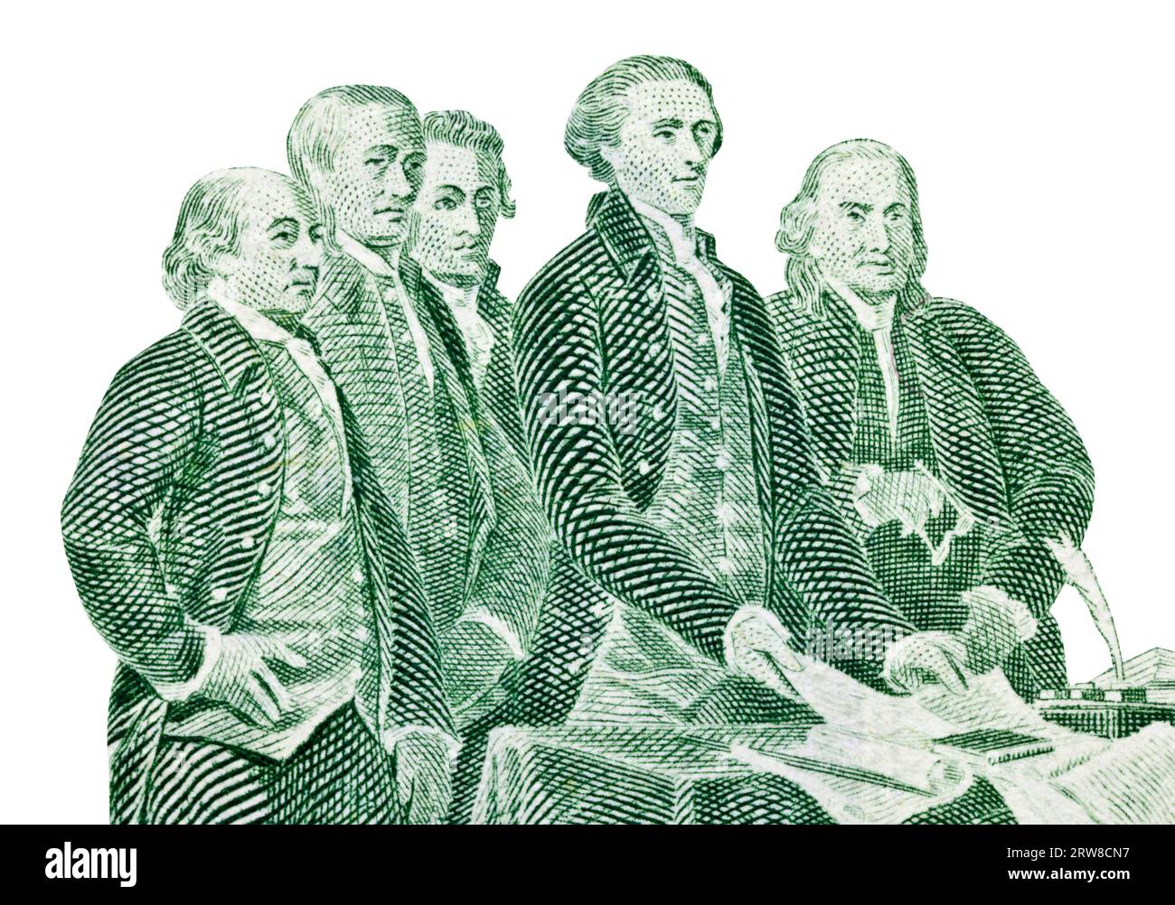 Macro cut out of US two dollar bill.  Thomas Jefferson, Benjamin Franklin, John Adams and other Colonials presenting the Declaration of Independence t Stock Photo