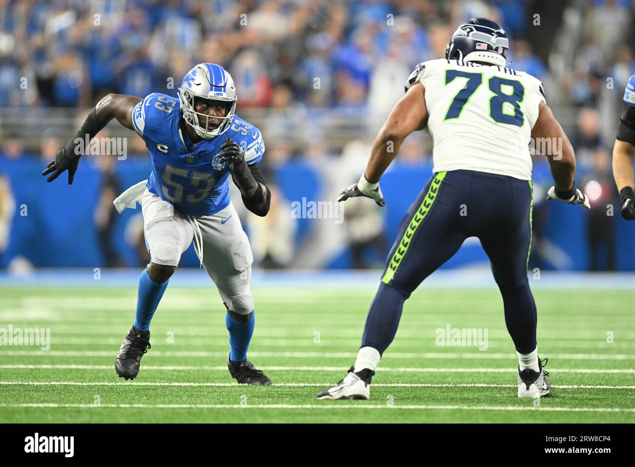 DETROIT, MI - SEPTEMBER 17: Detroit Lions DE (53) Charles Harris launches off the line during the game between Seattle Seahawks and Detroit Lions on September 17, 2023 at Ford Field in Detroit, MI (Photo by Allan Dranberg/CSM) Credit: Cal Sport Media/Alamy Live News Stock Photo