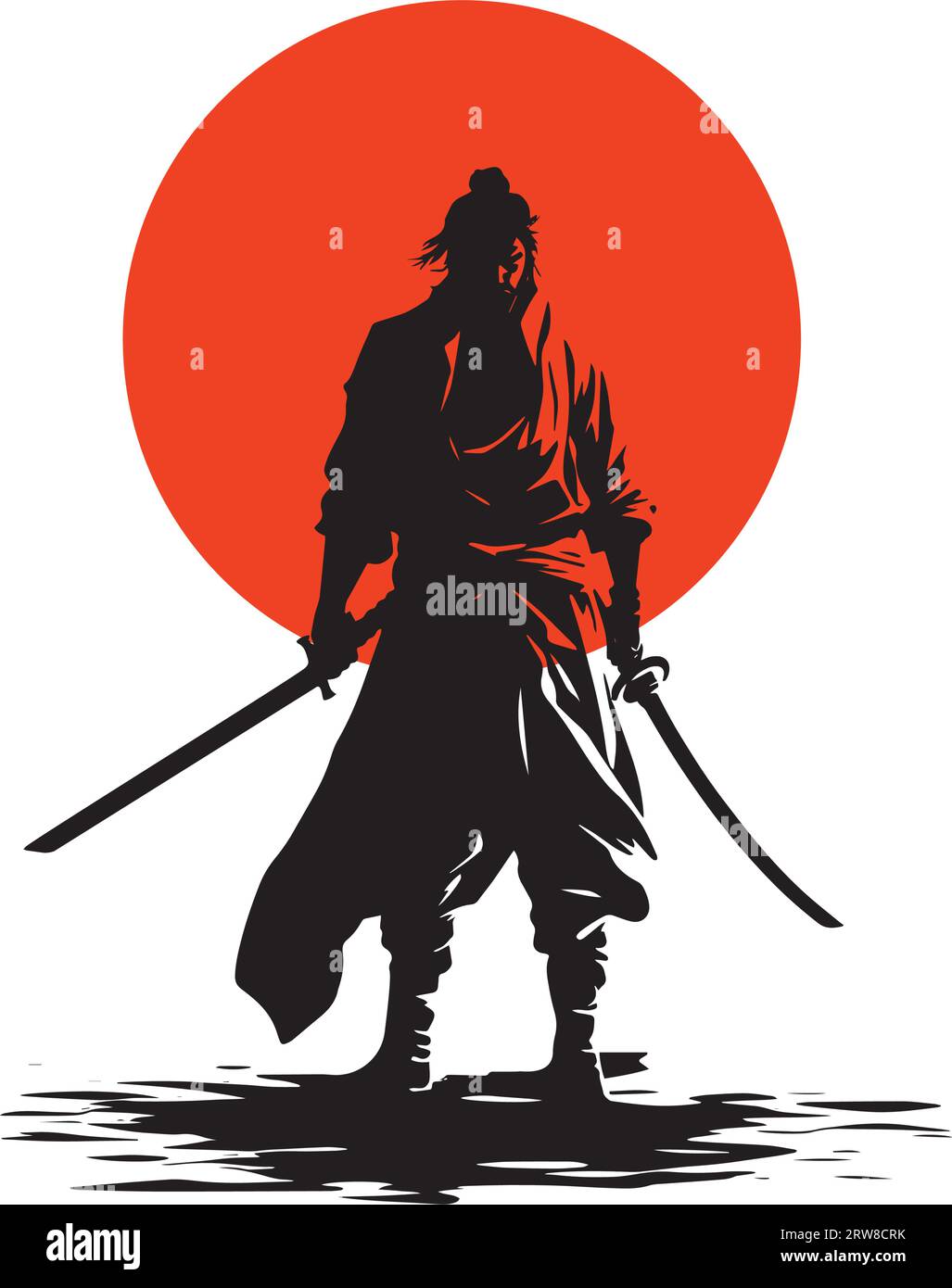 Samurai silhouette on Japan flag isolated on white background, vector