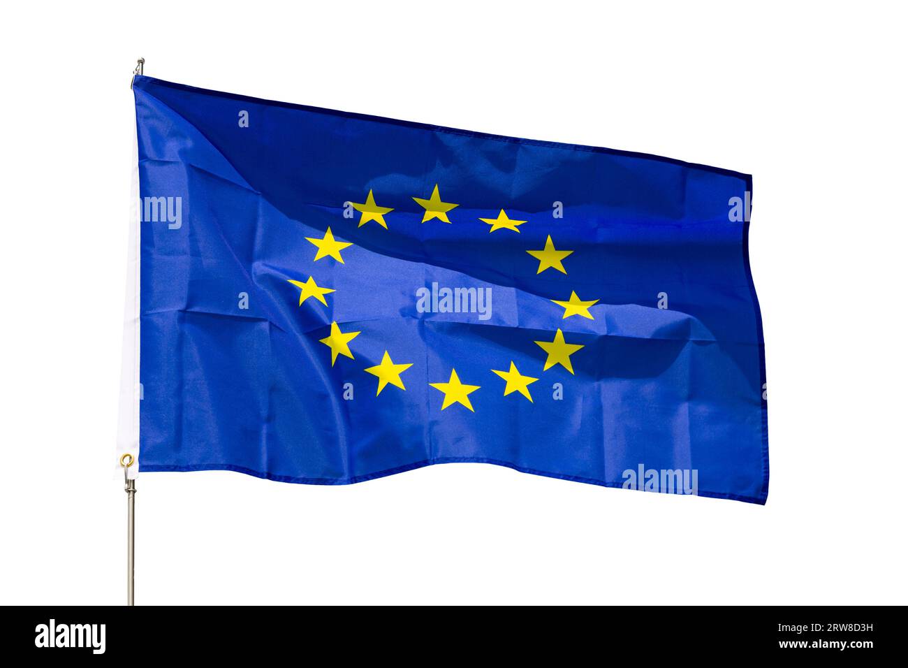 Flag of European Union flies on flagpole against blue sky Stock Photo ...
