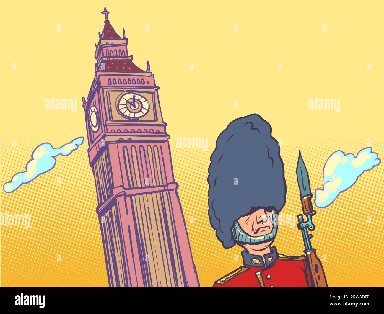 Things to do in Great Britain that you must see. A trip to London to remember. Big Ben with the Royal Guard stands against the sky. Stock Vector