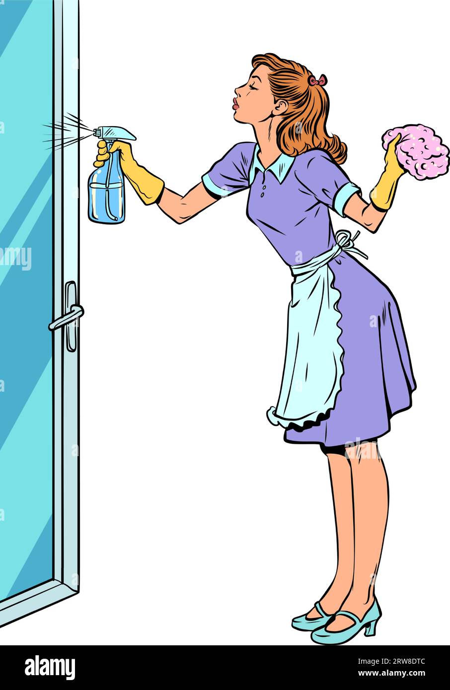 Cleaning service for cleaning your home. Responsible housewife is cleaning the house. A girl in uniform washes a glass door. Stock Vector