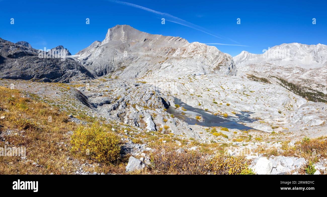 Remote Wilderness Alpine Landscape Panorama.  Haig Glacier and Jellicoe Mountain Peak Skyline, Sunny Autumn Day, Kananaskis Country Alberta Canada Stock Photo