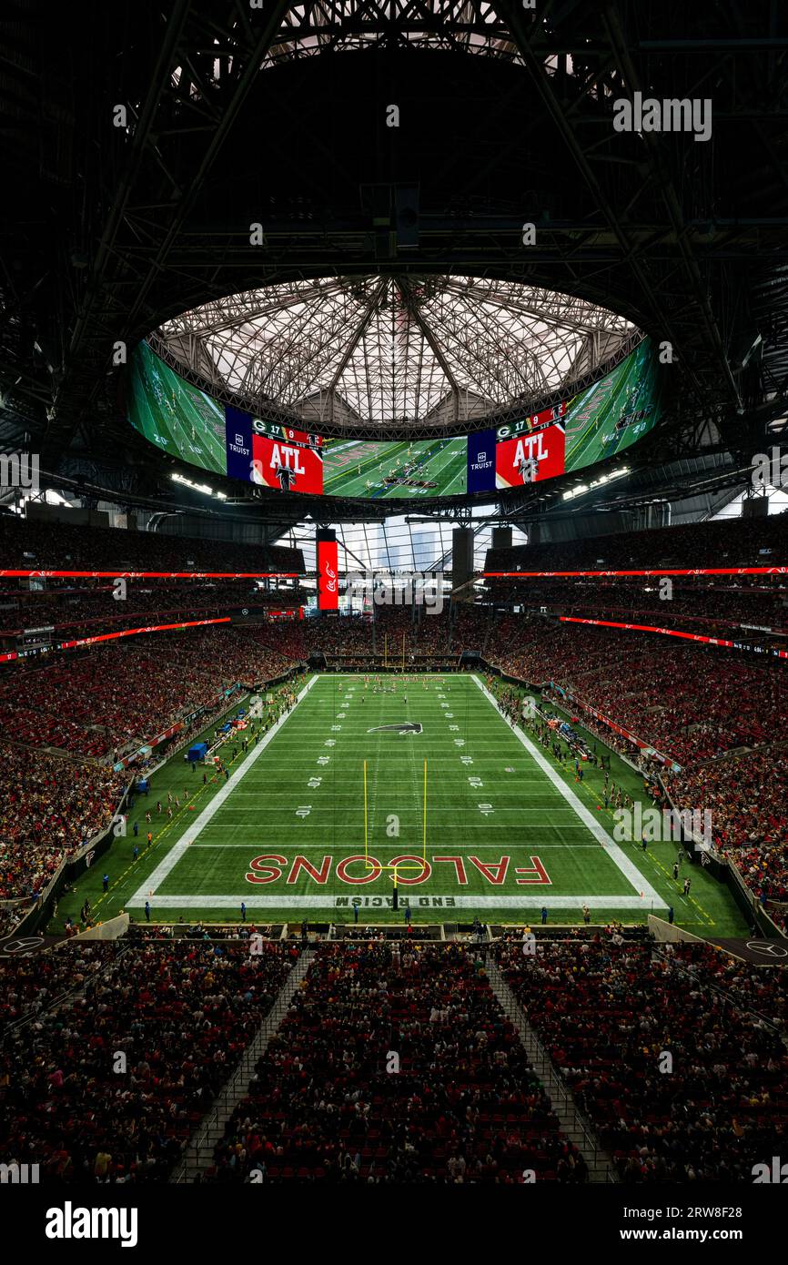 A general overall interior view of Mercedes-Benz Stadium as the Atlanta  Falcons take on the Green Bay Packers during an NFL football game, Sunday,  Sep. 17, 2023, in Atlanta. The Atlanta Falcons