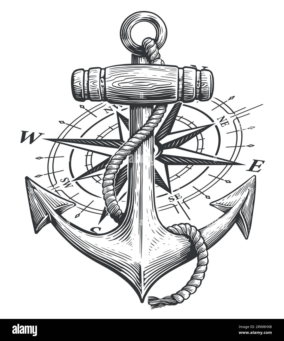 Compass, Rose of Wind and Anchor with rope in vintage engraving style. Marine emblem vector illustration Stock Vector