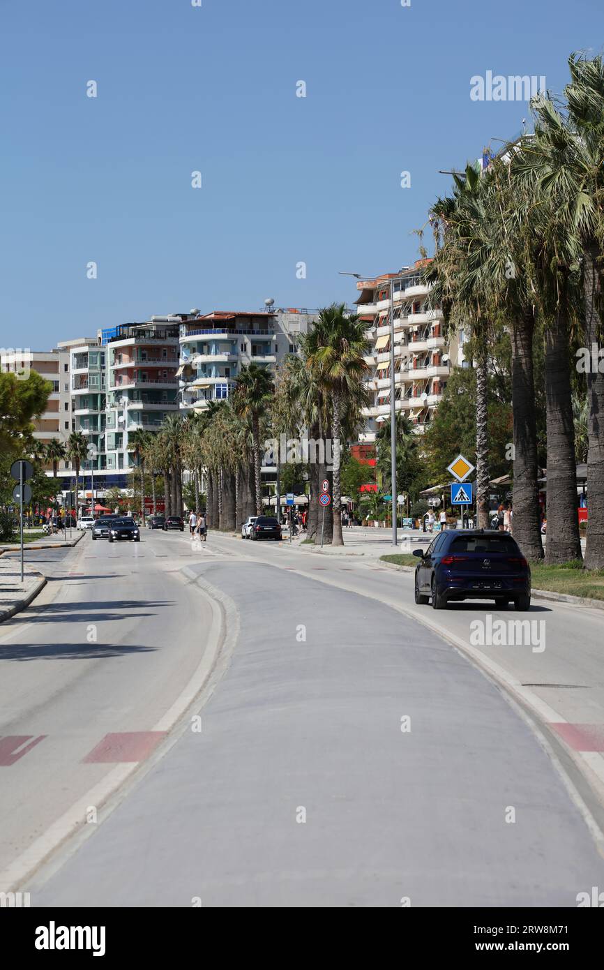 Vlorë, Albania, Sunday 2 September 2023 cameria road rruga cameria road running along the coast of the Adriatic Sea. Main road in Vlore city, with pal Stock Photo